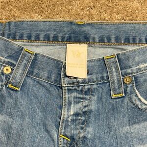 True Religion Light Blue Straight Leg Jeans with Yellow Stitching